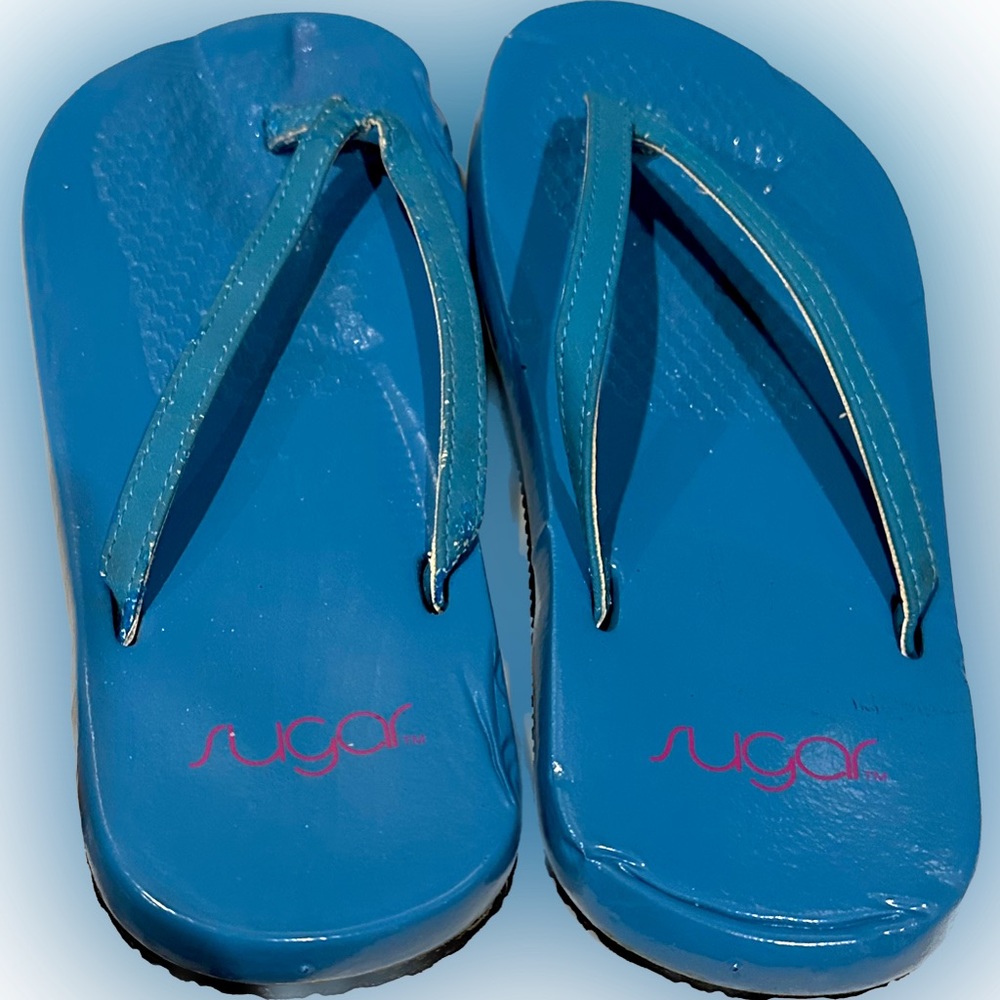 VTG RARE Y2K SUGAR FLIP FLOPS SANDALS SHOES BLUE PINK SZ M 7/8 BEACH POOL SWIM